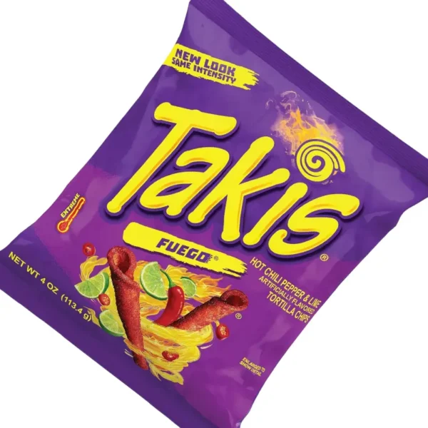 Takis Fuego 113g with intense chili and lime flavor, available in Dubai retail.