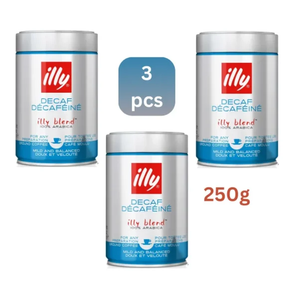 Illy Decaf ground coffee 250gx3 tins medium roast for brewing