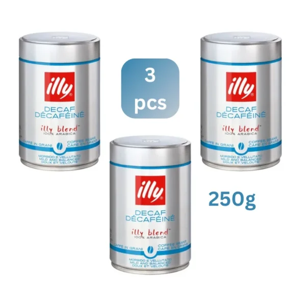 Illy Decaf whole bean coffee 3x250g medium roast in sealed tins