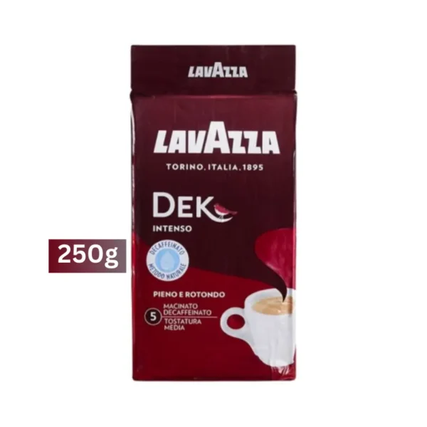 Decaf ground coffee by Lavazza with bold taste and dark chocolate notes