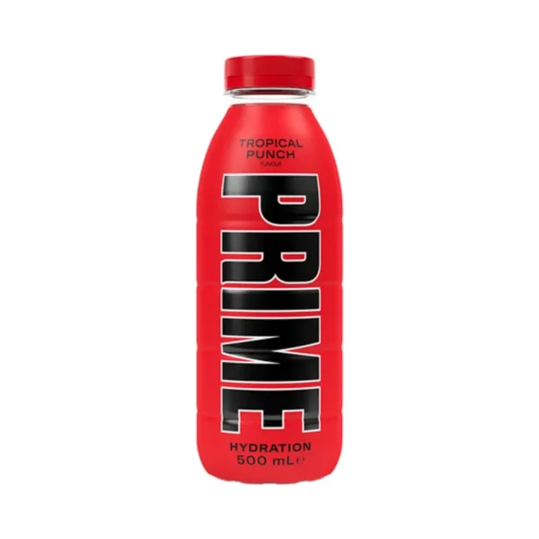Refreshing Tropical Punch flavored hydration drink by Prime, 500ml bottles in a 4pack