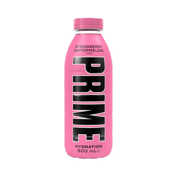 Delicious Strawberry Watermelon flavored hydration drink by Prime, 500ml bottles in a 4pack