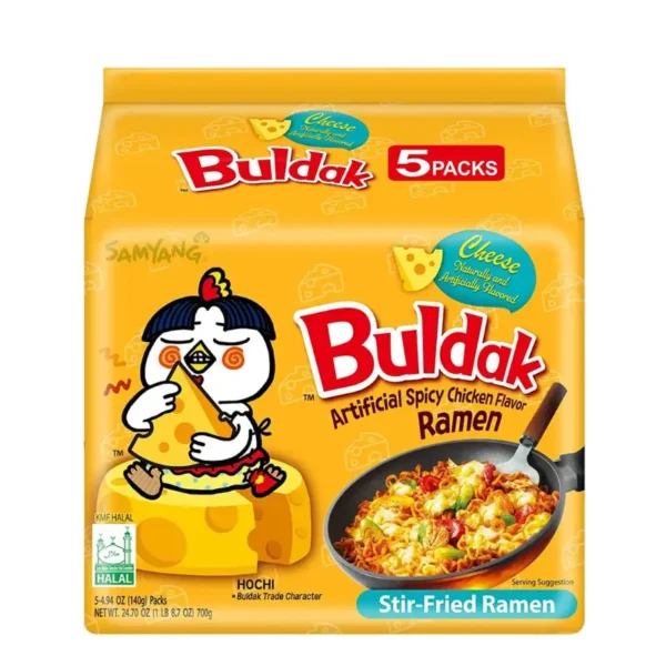 An Retail Samyang Buldak Cheese Hot Chicken Ramen 140g x 15pcs, 3 packs per carton, available for retail shops in Dubai