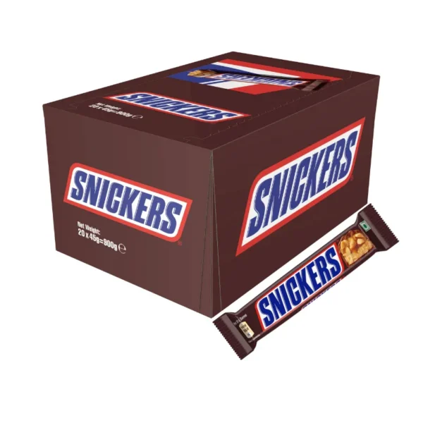 Box of 20 Snickers bars with milk chocolate, nougat, and crunchy peanuts