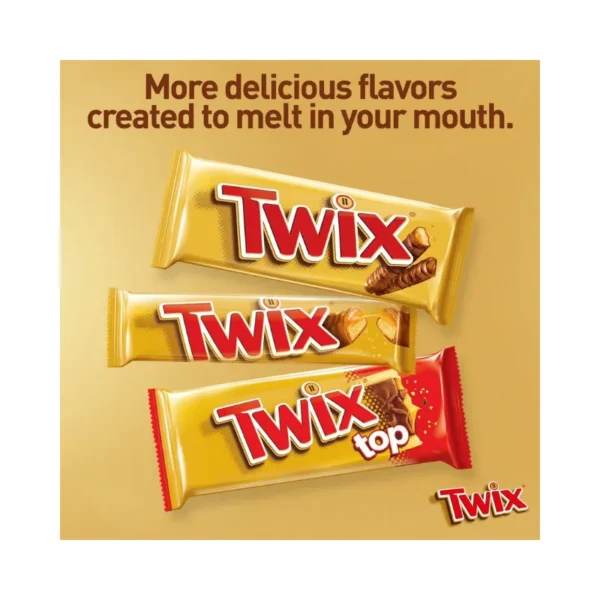 Box of 25 Twix chocolate bars featuring caramel and crunchy biscuit